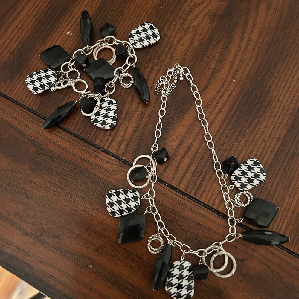 Elegant Black and White Charm Necklace and Bracelet Set